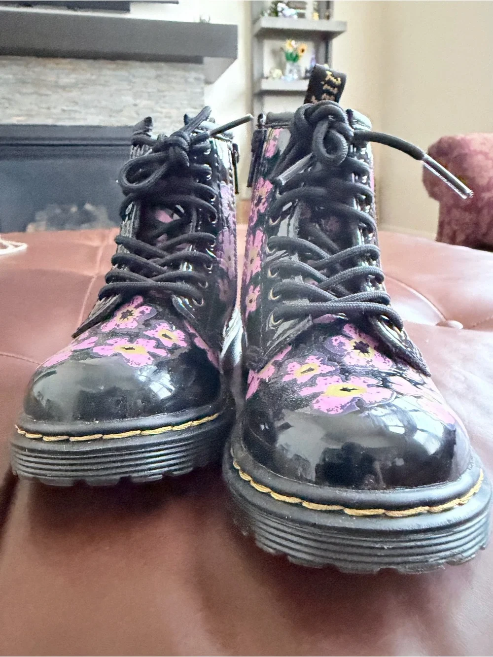 Dr. Martens Kids Black Lace-Up Boots with Pink Floral Print